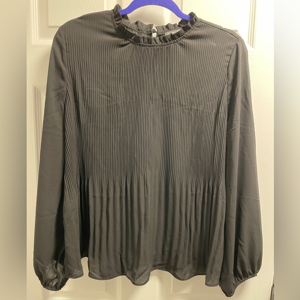 Adrianna Papell Pleated High Neck Blouse with Blouson Sleeves